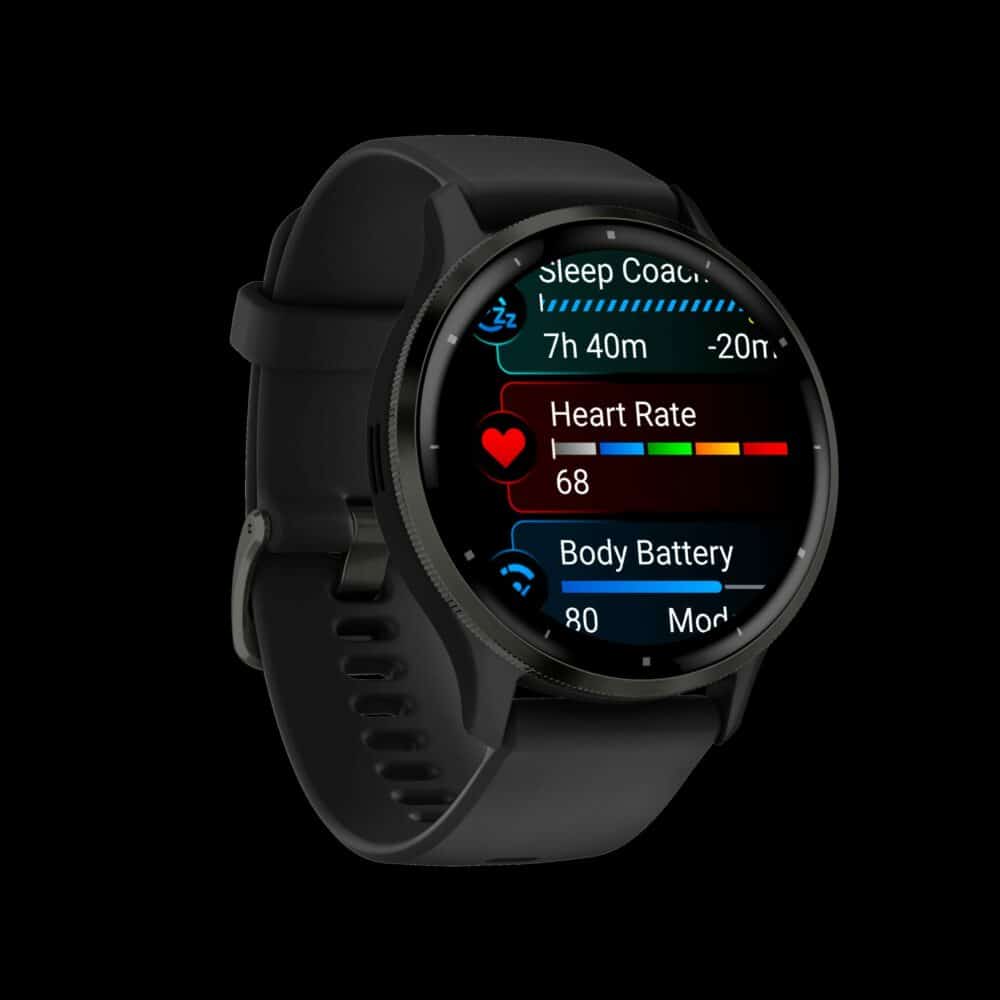 Sporthorloge: GARMIN Venu® 3, Slate rand van roestvrij staal met zwarte behuizing en siliconen band