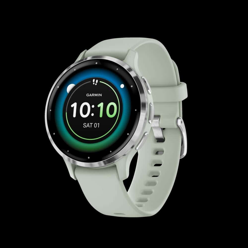 Sporthorloge: GARMIN Venu® 3S, Venu® 3S, Zilverkleurige rand van roestvrij staal met sage green behuizing en siliconen band