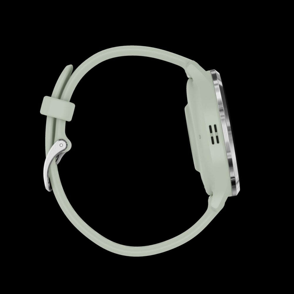 Sporthorloge: GARMIN Venu® 3S, Venu® 3S, Zilverkleurige rand van roestvrij staal met sage green behuizing en siliconen band
