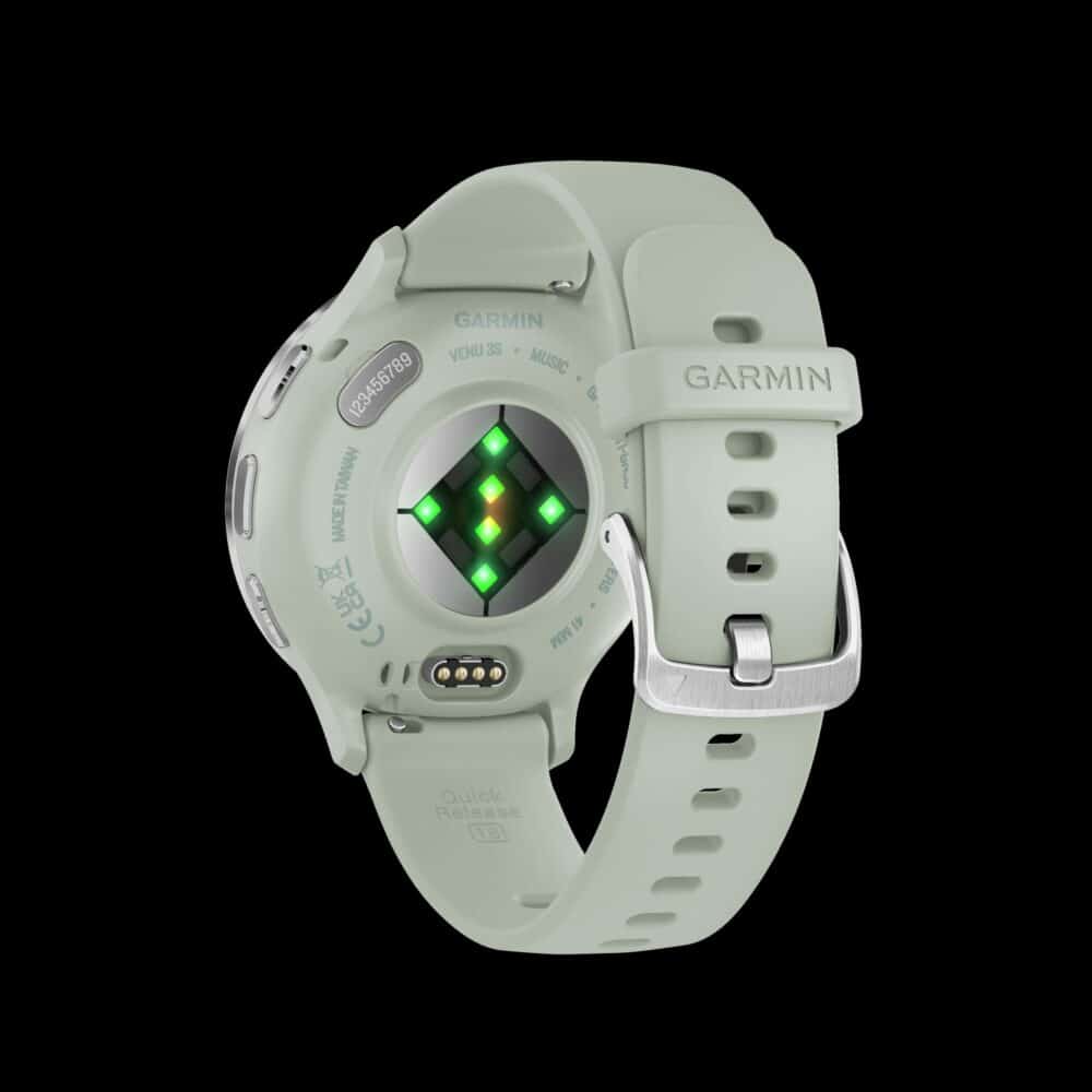 Sporthorloge: GARMIN Venu® 3S, Venu® 3S, Zilverkleurige rand van roestvrij staal met sage green behuizing en siliconen band