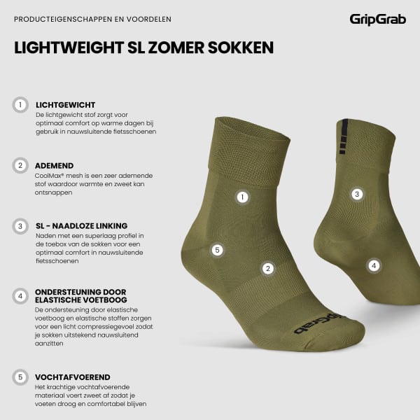 Fietssokken: Gripgrab Socks Lightweight Sl Olive Green