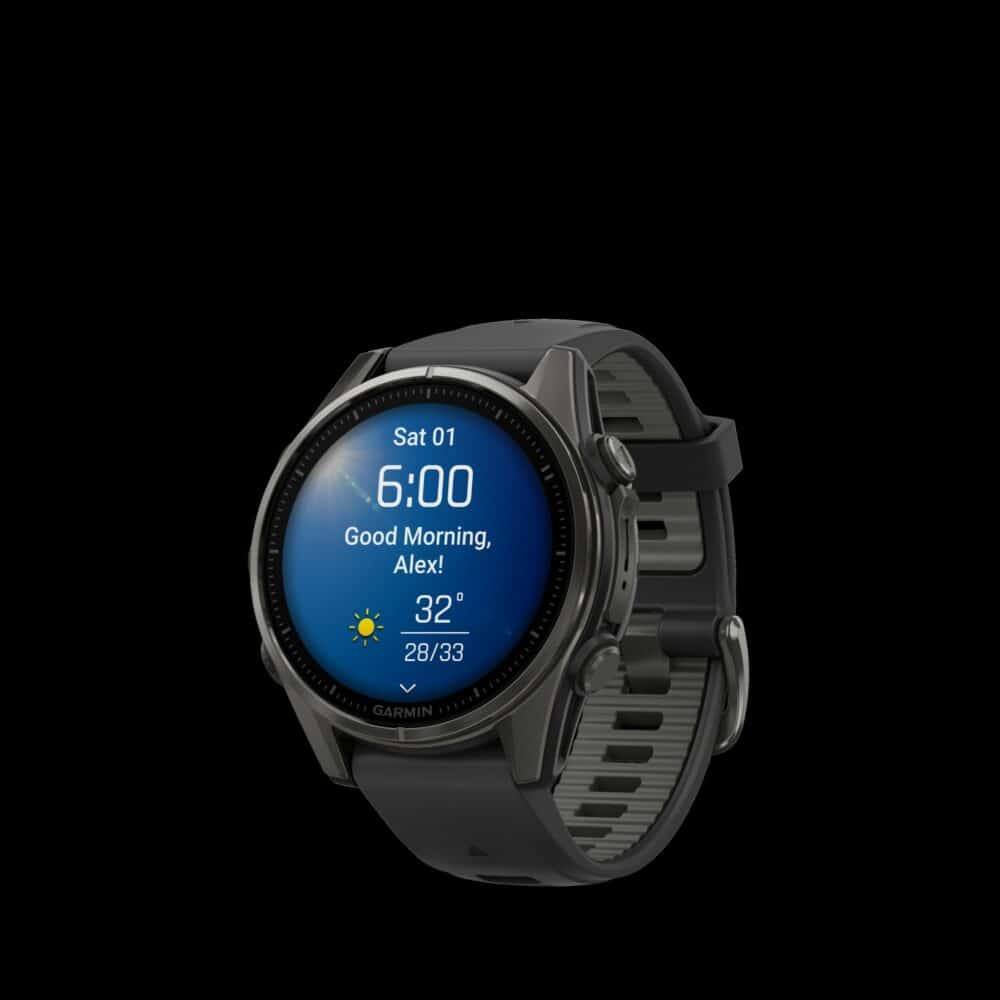 Sporthorloge fēnix® 8 - 43 mm, AMOLED Sapphire, Carbon grey DLC-titanium met zwarte/pebble grey siliconen band