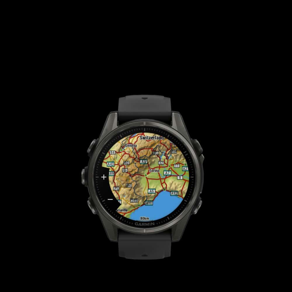 Sporthorloge fēnix® 8 - 43 mm, AMOLED Sapphire, Carbon grey DLC-titanium met zwarte/pebble grey siliconen band