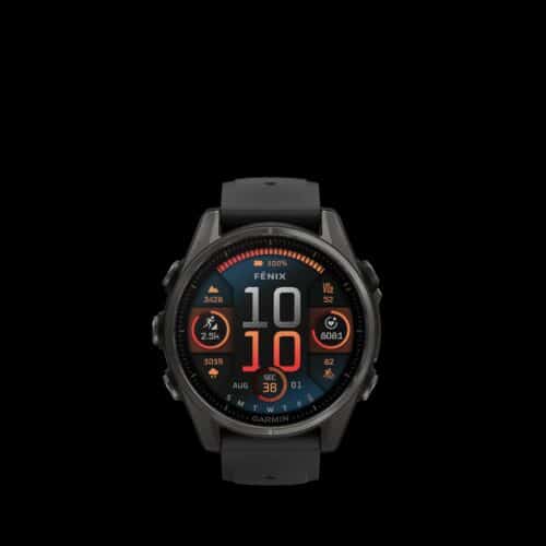 Sporthorloge fēnix® 8 - 43 mm, AMOLED Sapphire, Carbon grey DLC-titanium met zwarte/pebble grey siliconen band