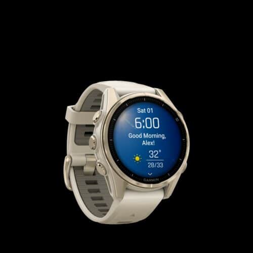 Sporthorloge fēnix® 8 - 43 mm, AMOLED, Sapphire, Soft Gold met Fog grey/dark sandstone siliconen band