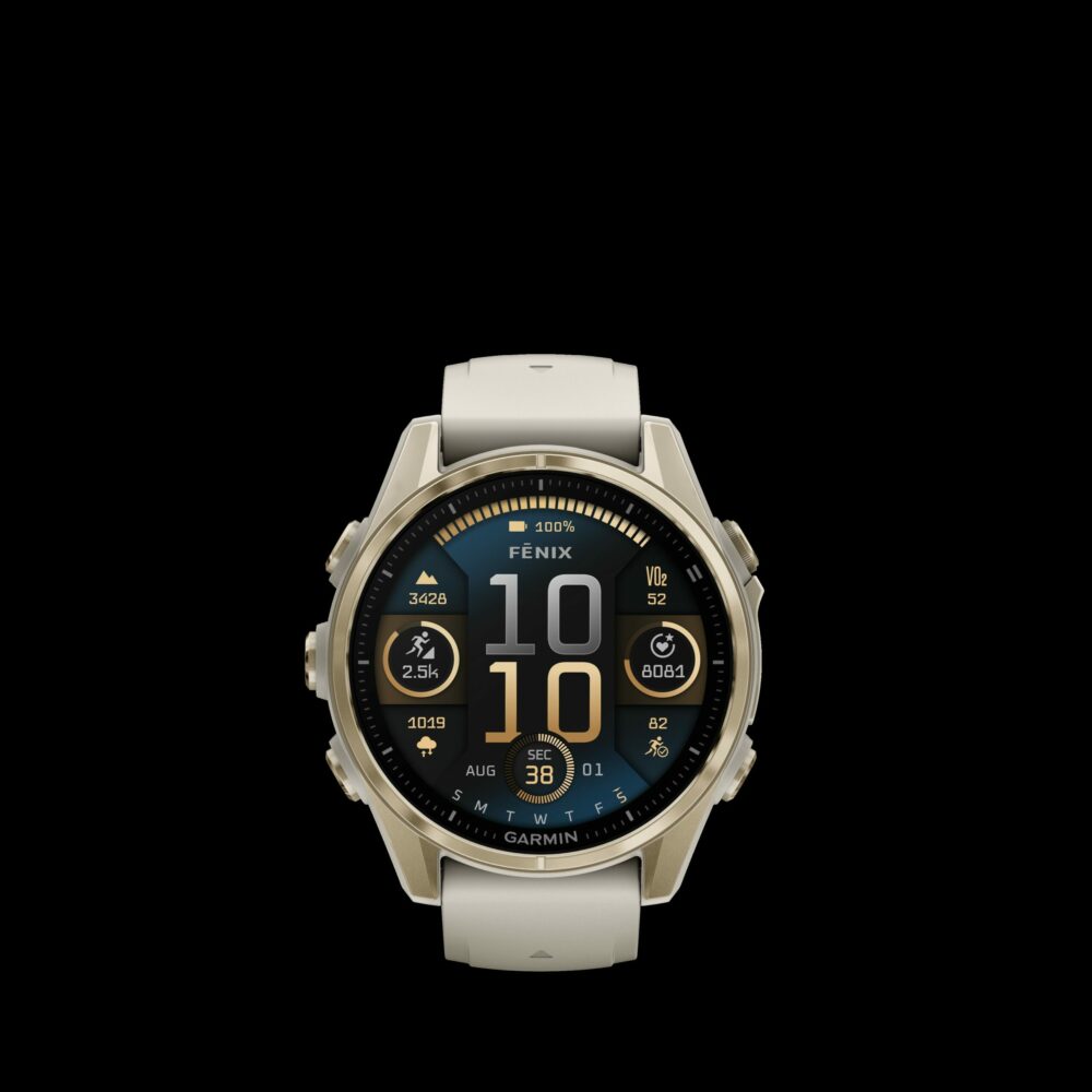 Sporthorloge fēnix® 8 - 43 mm, AMOLED, Sapphire, Soft Gold met Fog grey/dark sandstone siliconen band