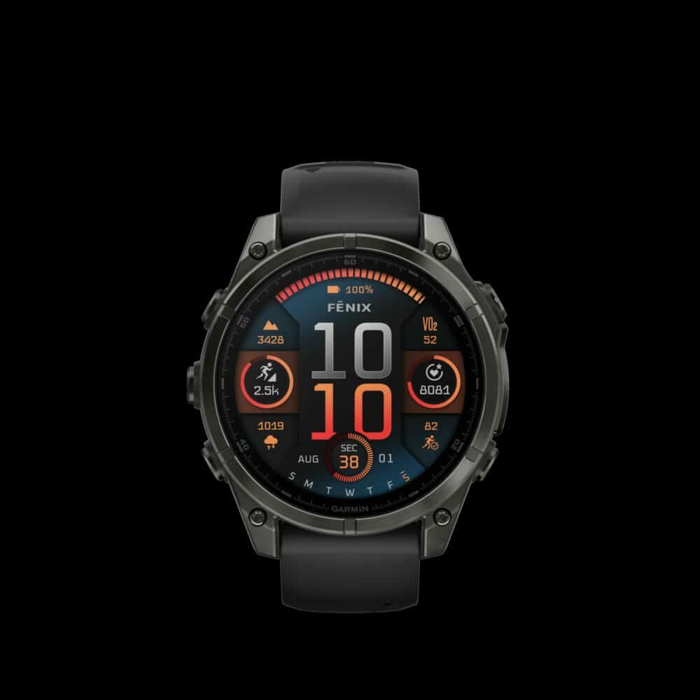 Sporthorloge fēnix® 8 - 47 mm, AMOLED, Sapphire, Carbon grey DLC-titanium met zwarte/pebble grey siliconen band