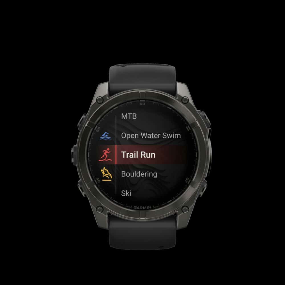 Sporthorloge fēnix® 8 - 51 mm, AMOLED Sapphire, Carbon grey DLC zwarte/pebble grey siliconen band