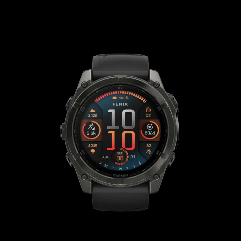 Sporthorloge fēnix® 8 - 51 mm, AMOLED Sapphire, Carbon grey DLC zwarte/pebble grey siliconen band