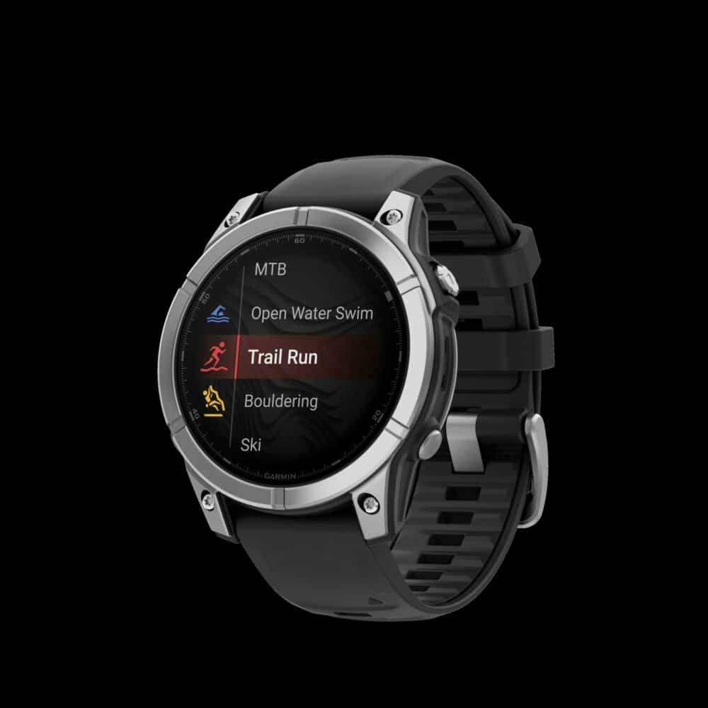 Sporthorloge fēnix® E – 47 mm, AMOLED, Roestvrij staal met Zwarte siliconen band