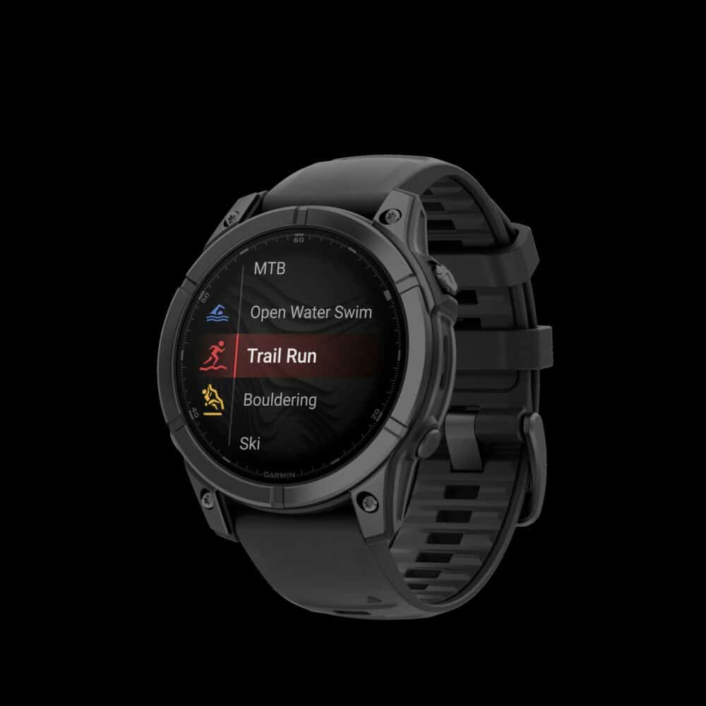 Sporthorloge fēnix® E – 47 mm, AMOLED, Slate grey staal met Zwarte siliconen band